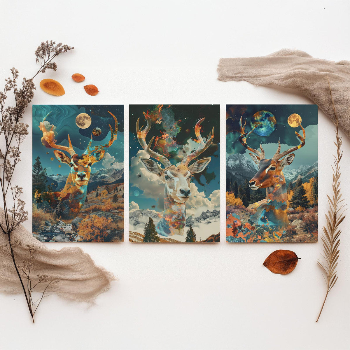 Deer and Antelope Set of Three Art Prints - 3 Double Exposure Surreal Posters - Autumn Forest Nature Wall Art Gift Painting