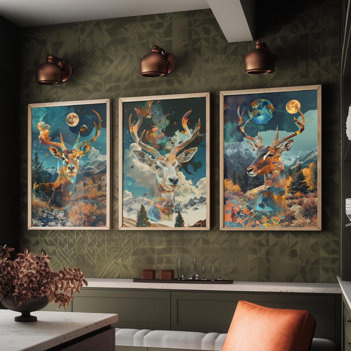Deer and Antelope Set of Three Art Prints - 3 Double Exposure Surreal Posters - Autumn Forest Nature Wall Art Gift Painting