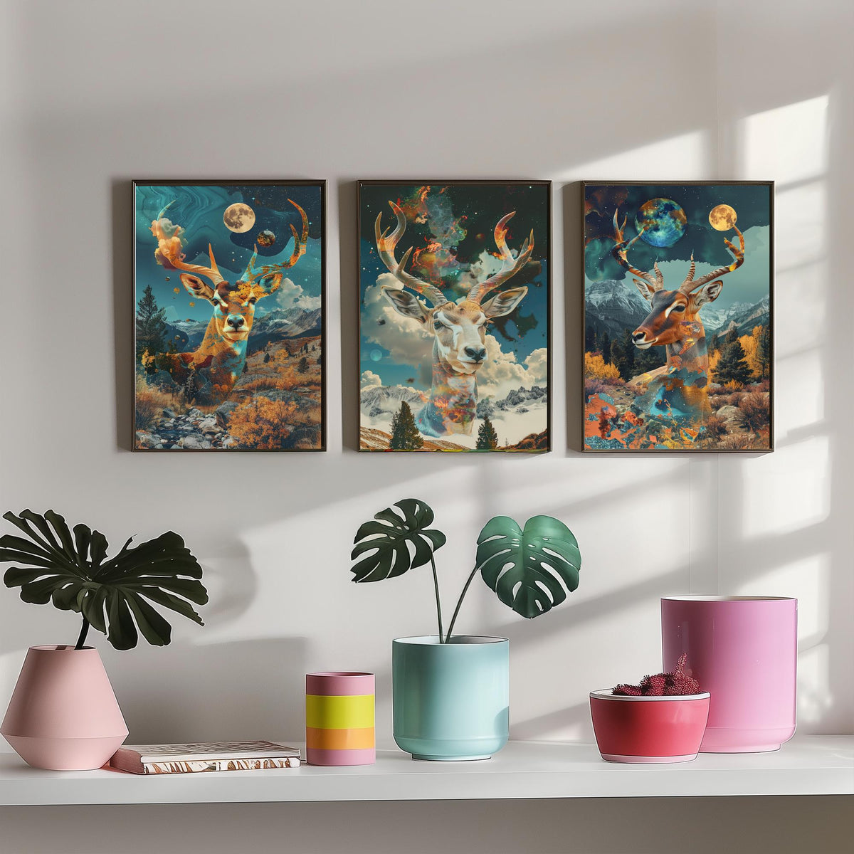 Deer and Antelope Set of Three Art Prints - 3 Double Exposure Surreal Posters - Autumn Forest Nature Wall Art Gift Painting