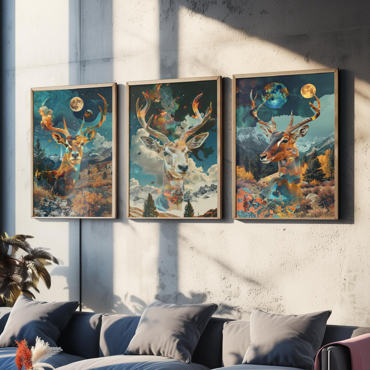 Deer and Antelope Set of Three Art Prints - 3 Double Exposure Surreal Posters - Autumn Forest Nature Wall Art Gift Painting