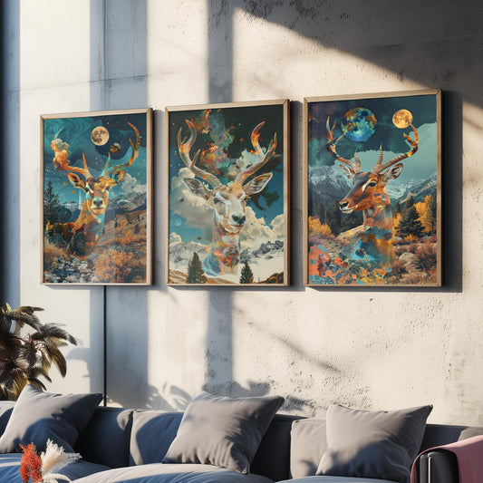 Deer and Antelope Set of Three Art Prints - 3 Double Exposure Surreal Posters - Autumn Forest Nature Wall Art Gift Painting