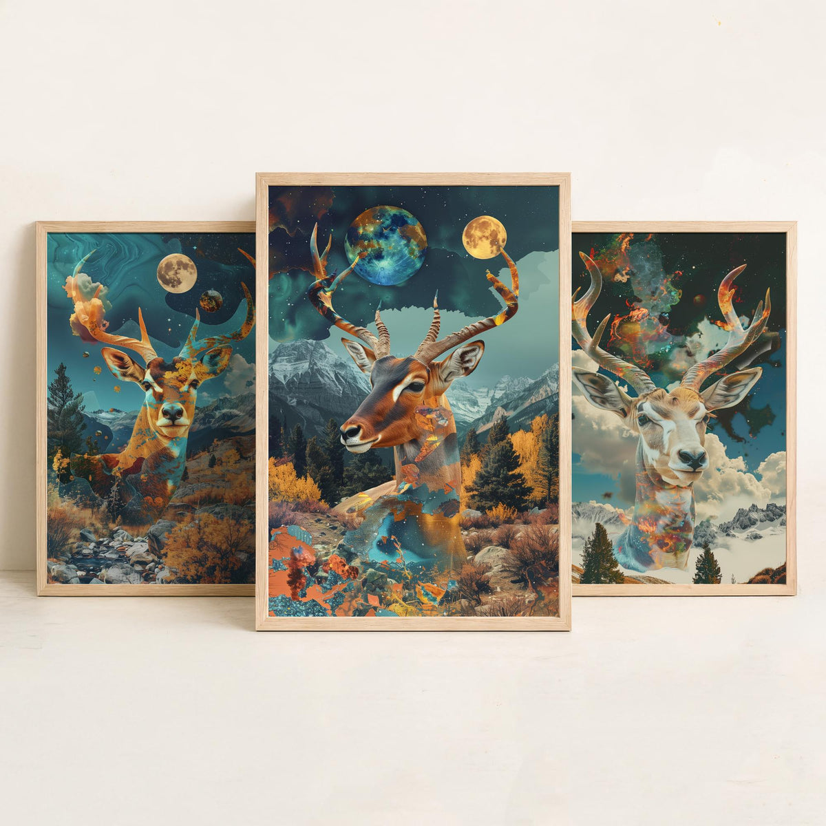 Deer and Antelope Set of Three Art Prints - 3 Double Exposure Surreal Posters - Autumn Forest Nature Wall Art Gift Painting