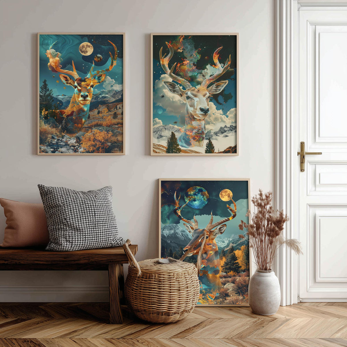 Deer and Antelope Set of Three Art Prints - 3 Double Exposure Surreal Posters - Autumn Forest Nature Wall Art Gift Painting