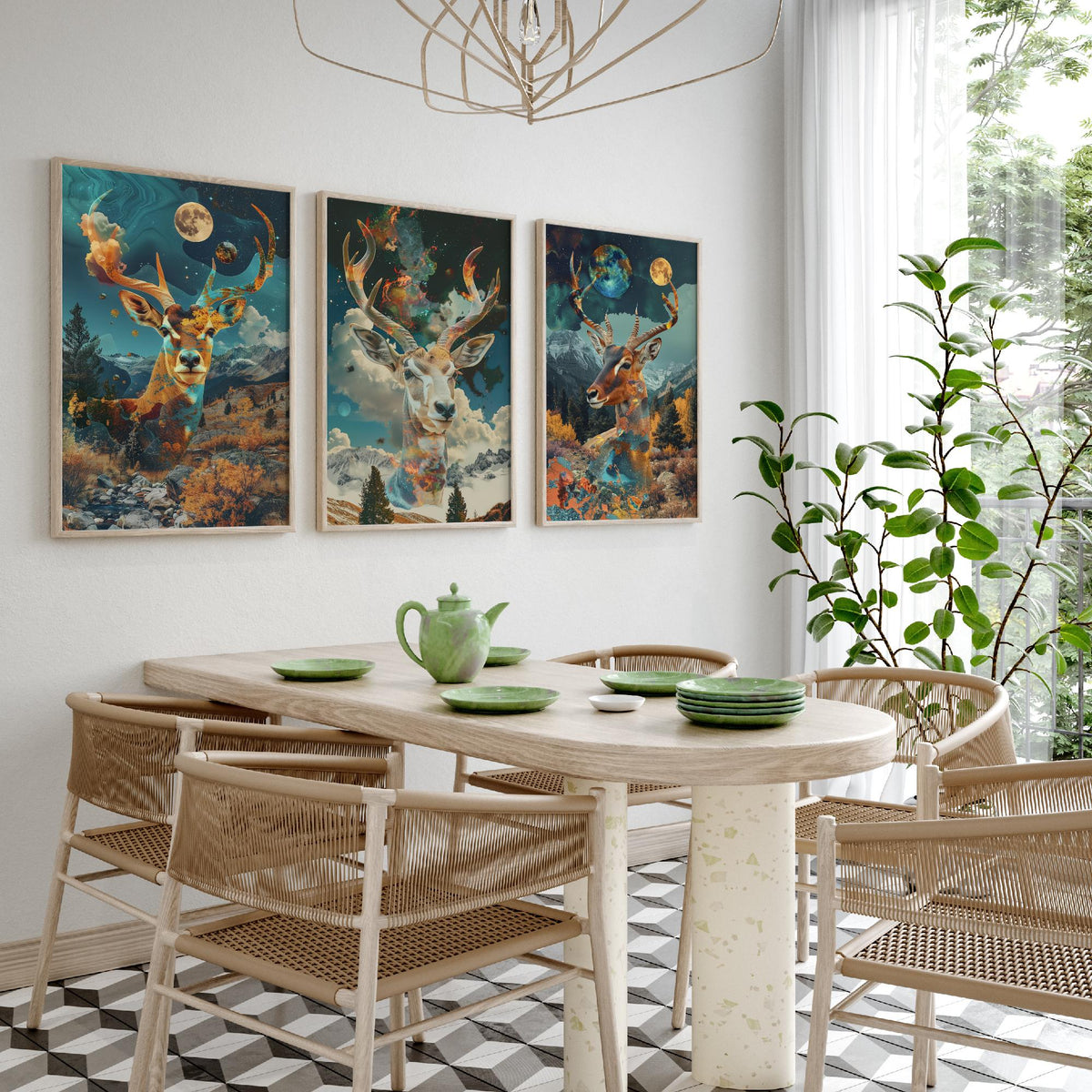 Deer and Antelope Set of Three Art Prints - 3 Double Exposure Surreal Posters - Autumn Forest Nature Wall Art Gift Painting