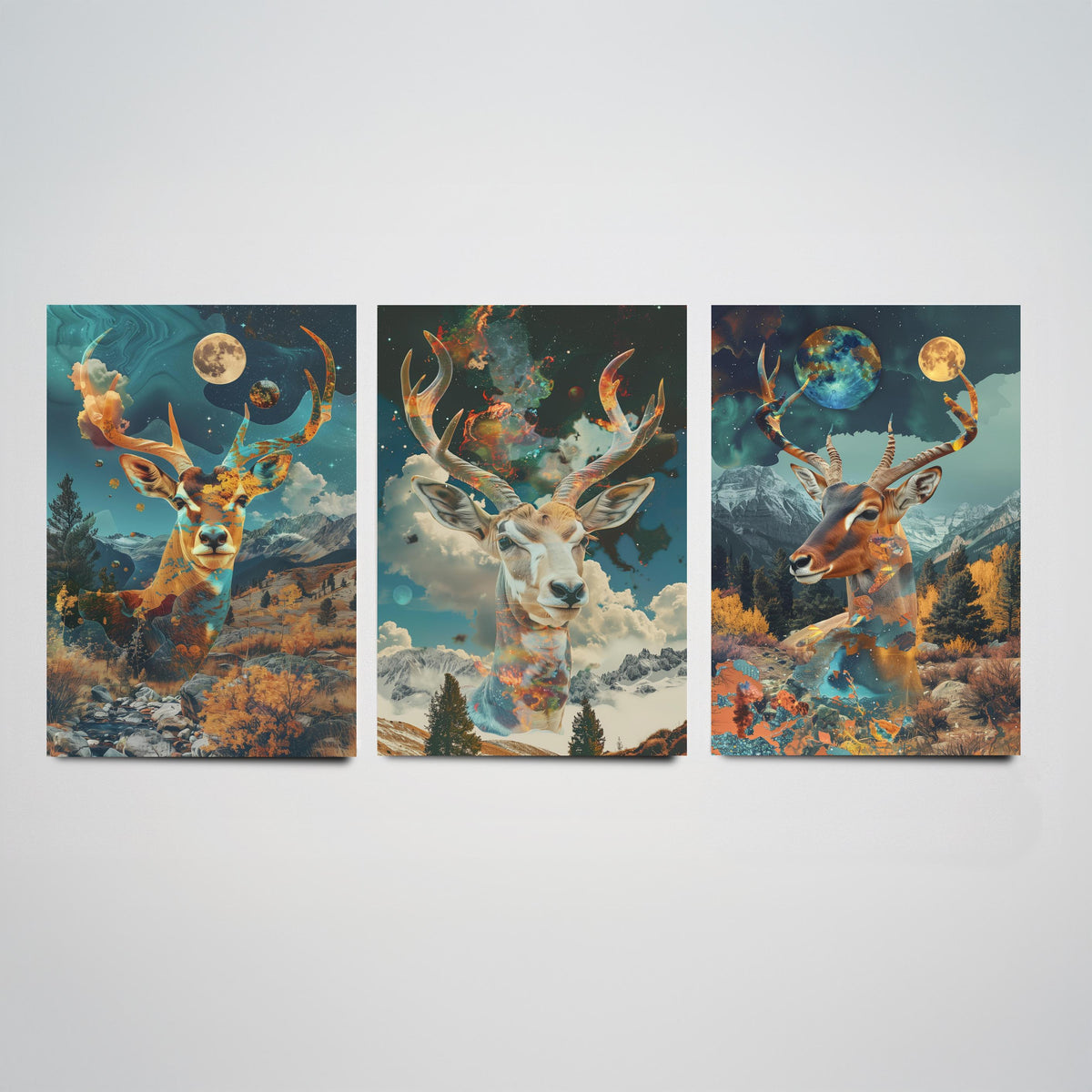 Deer and Antelope Set of Three Art Prints - 3 Double Exposure Surreal Posters - Autumn Forest Nature Wall Art Gift Painting