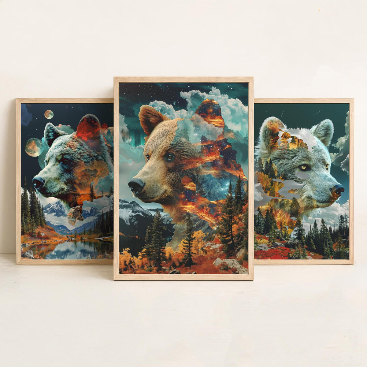 Bear Set of Three Art Prints - 3 Double Exposure Grizzly Posters - Forest Mountain Surreal Nature Wall Art Gift Painting