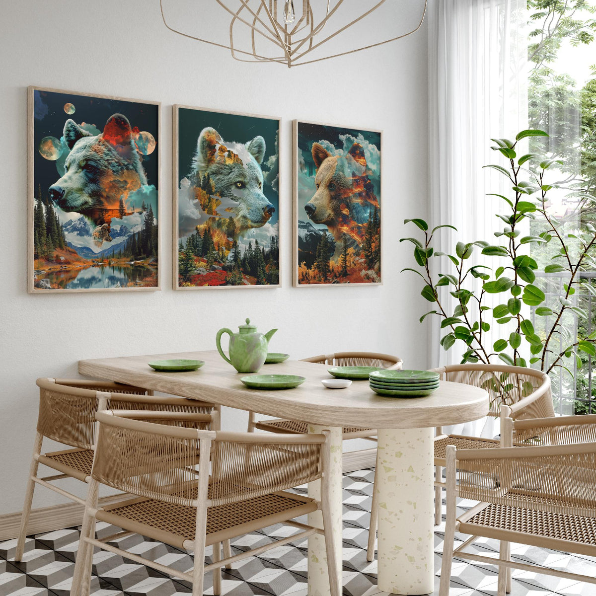 Bear Set of Three Art Prints - 3 Double Exposure Grizzly Posters - Forest Mountain Surreal Nature Wall Art Gift Painting