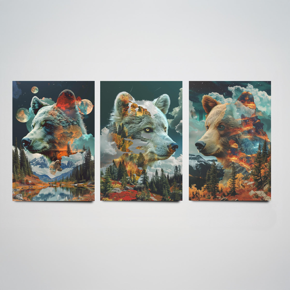 Bear Set of Three Art Prints - 3 Double Exposure Grizzly Posters - Forest Mountain Surreal Nature Wall Art Gift Painting