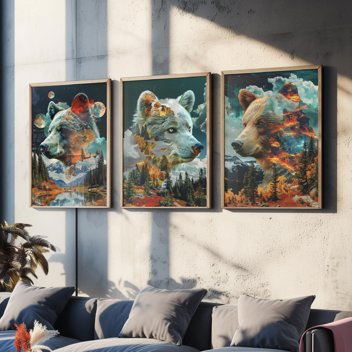 Bear Set of Three Art Prints - 3 Double Exposure Grizzly Posters - Forest Mountain Surreal Nature Wall Art Gift Painting
