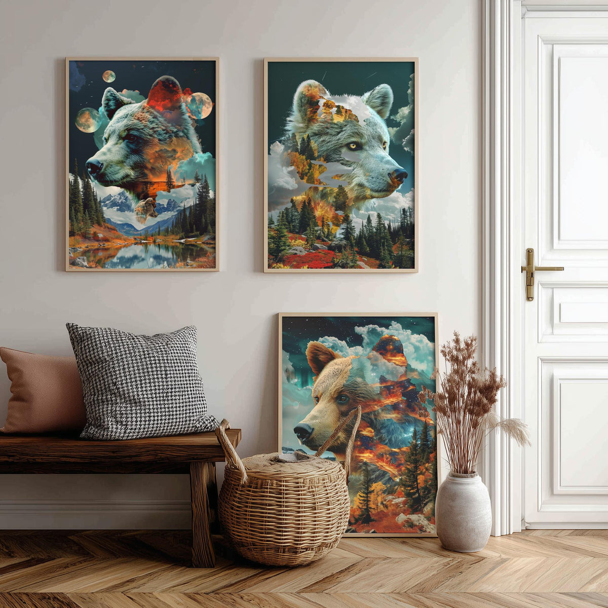 Bear Set of Three Art Prints - 3 Double Exposure Grizzly Posters - Forest Mountain Surreal Nature Wall Art Gift Painting