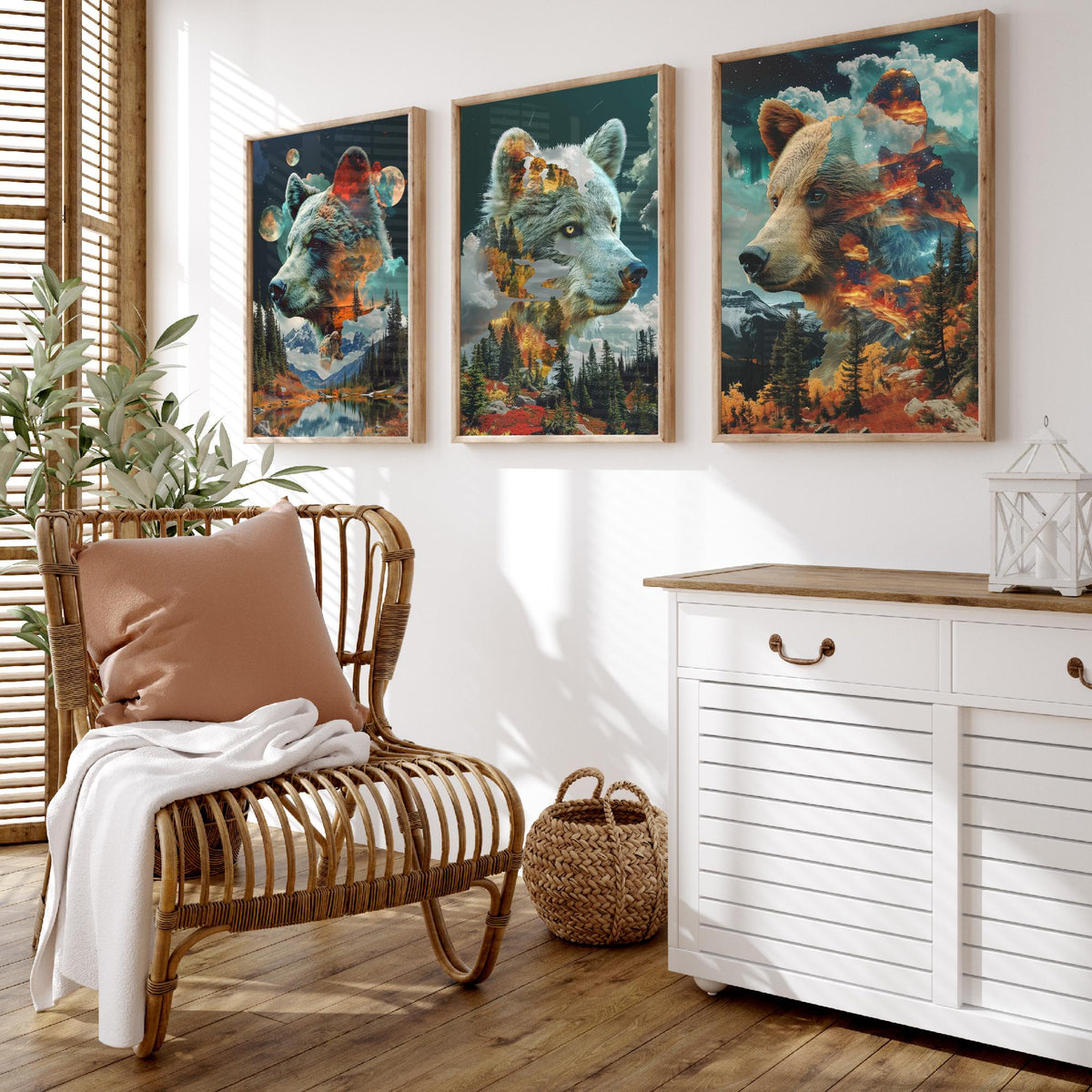 Bear Set of Three Art Prints - 3 Double Exposure Grizzly Posters - Forest Mountain Surreal Nature Wall Art Gift Painting