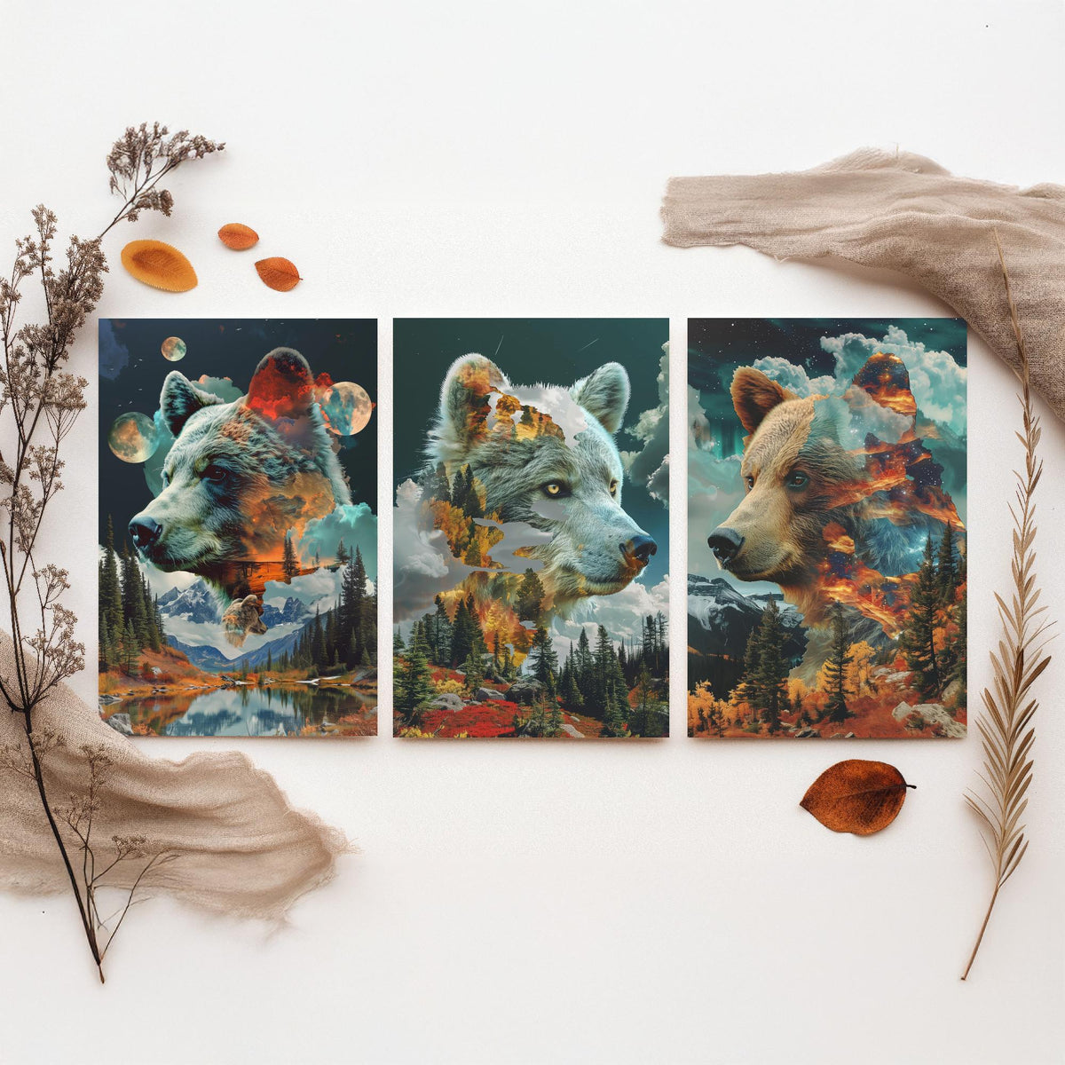 Bear Set of Three Art Prints - 3 Double Exposure Grizzly Posters - Forest Mountain Surreal Nature Wall Art Gift Painting
