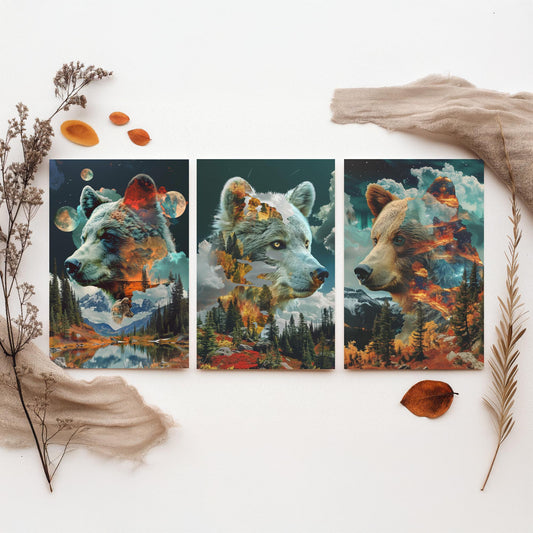 Bear Set of Three Art Prints - 3 Double Exposure Grizzly Posters - Forest Mountain Surreal Nature Wall Art Gift Painting