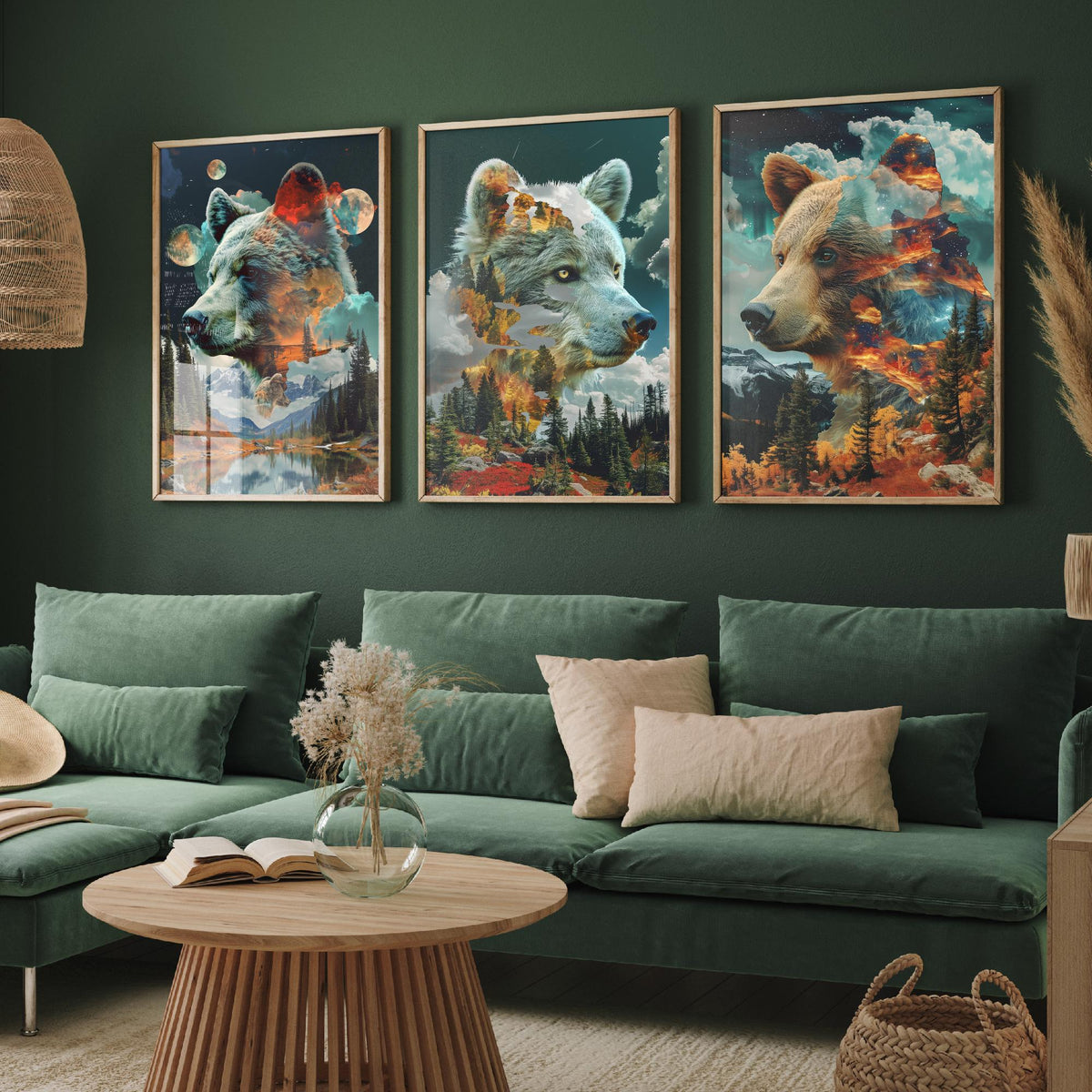 Bear Set of Three Art Prints - 3 Double Exposure Grizzly Posters - Forest Mountain Surreal Nature Wall Art Gift Painting