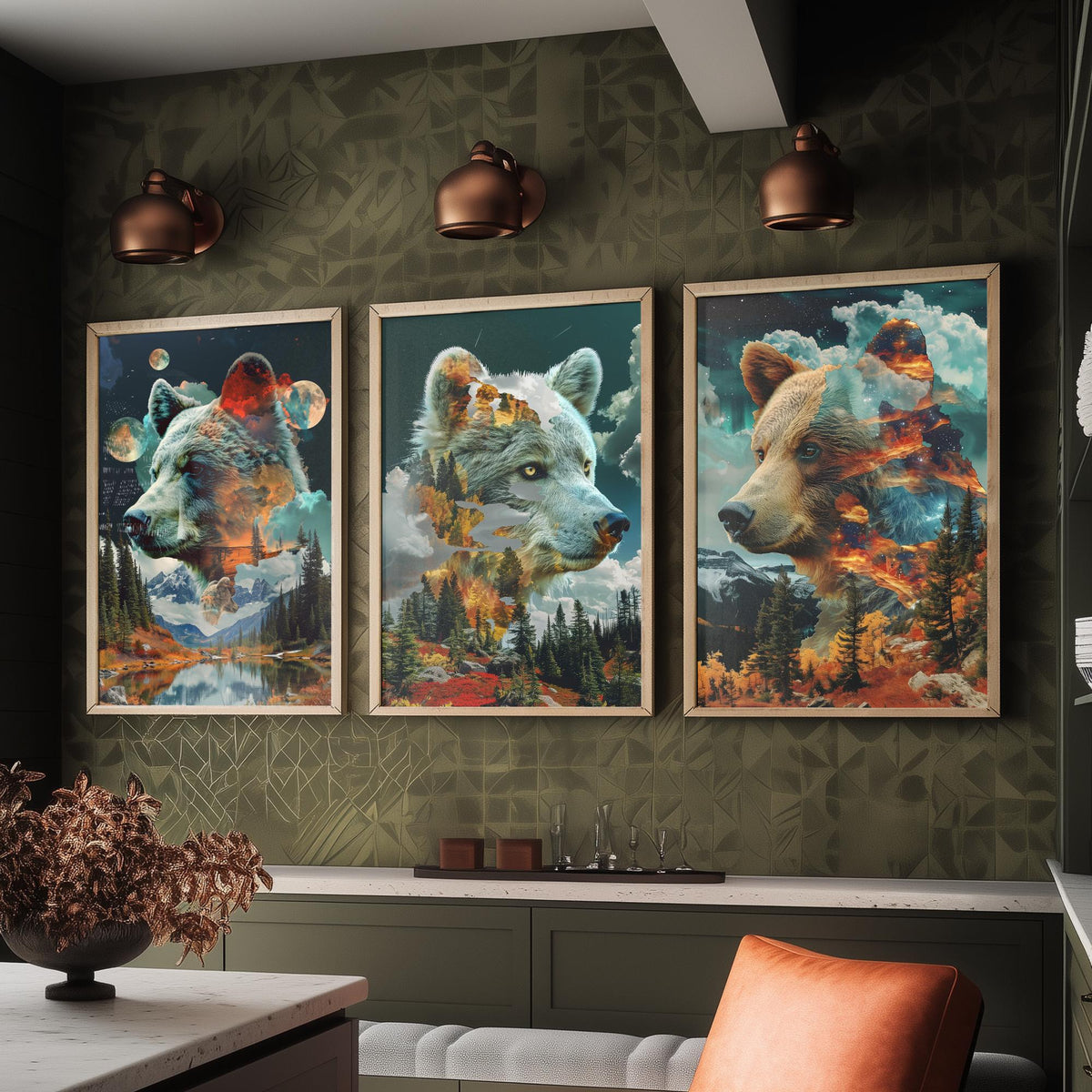 Bear Set of Three Art Prints - 3 Double Exposure Grizzly Posters - Forest Mountain Surreal Nature Wall Art Gift Painting