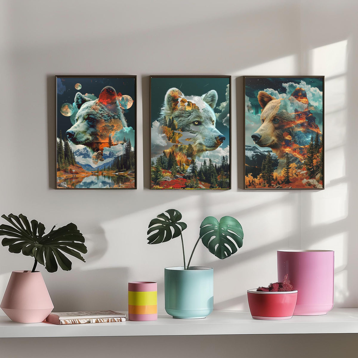 Bear Set of Three Art Prints - 3 Double Exposure Grizzly Posters - Forest Mountain Surreal Nature Wall Art Gift Painting