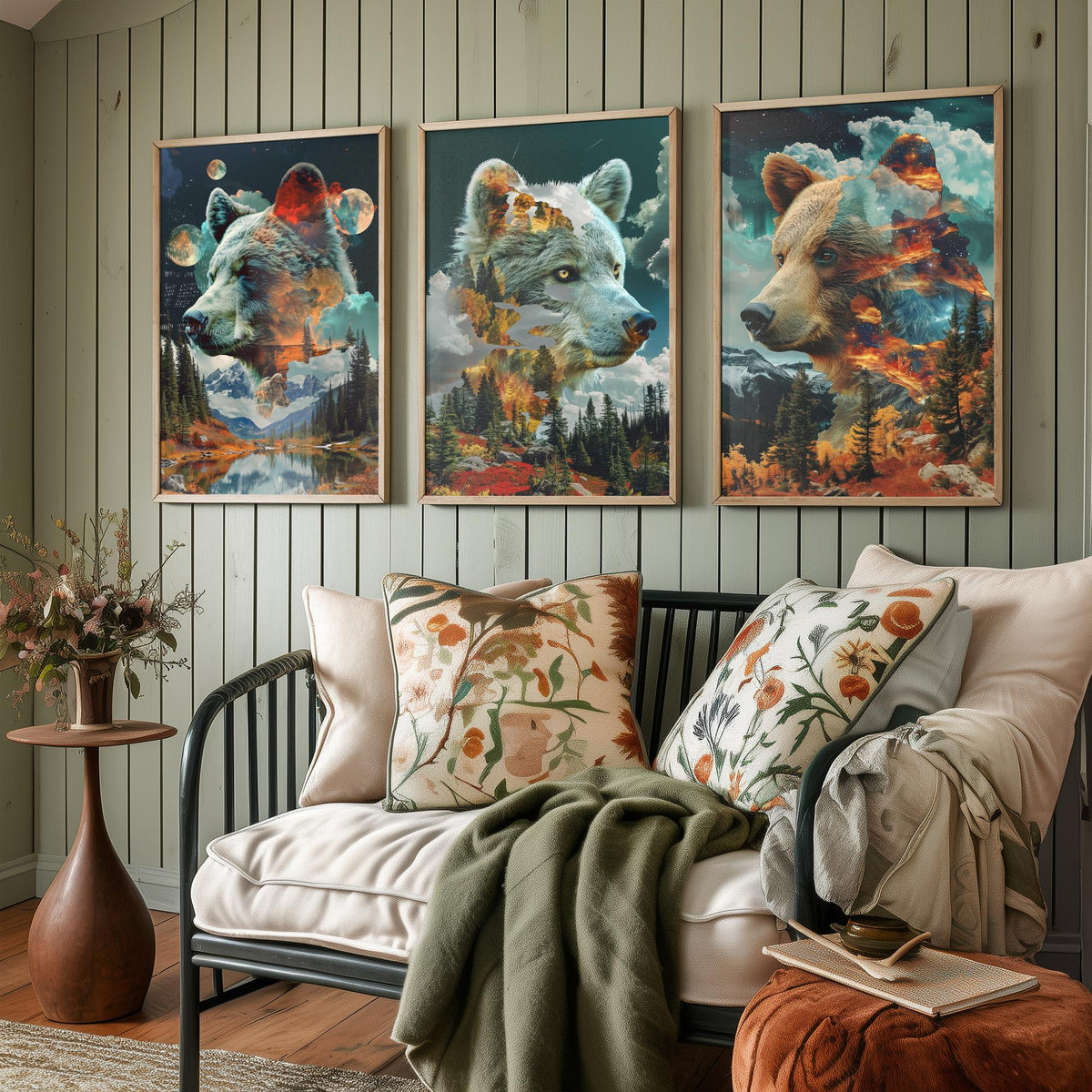 Bear Set of Three Art Prints - 3 Double Exposure Grizzly Posters - Forest Mountain Surreal Nature Wall Art Gift Painting