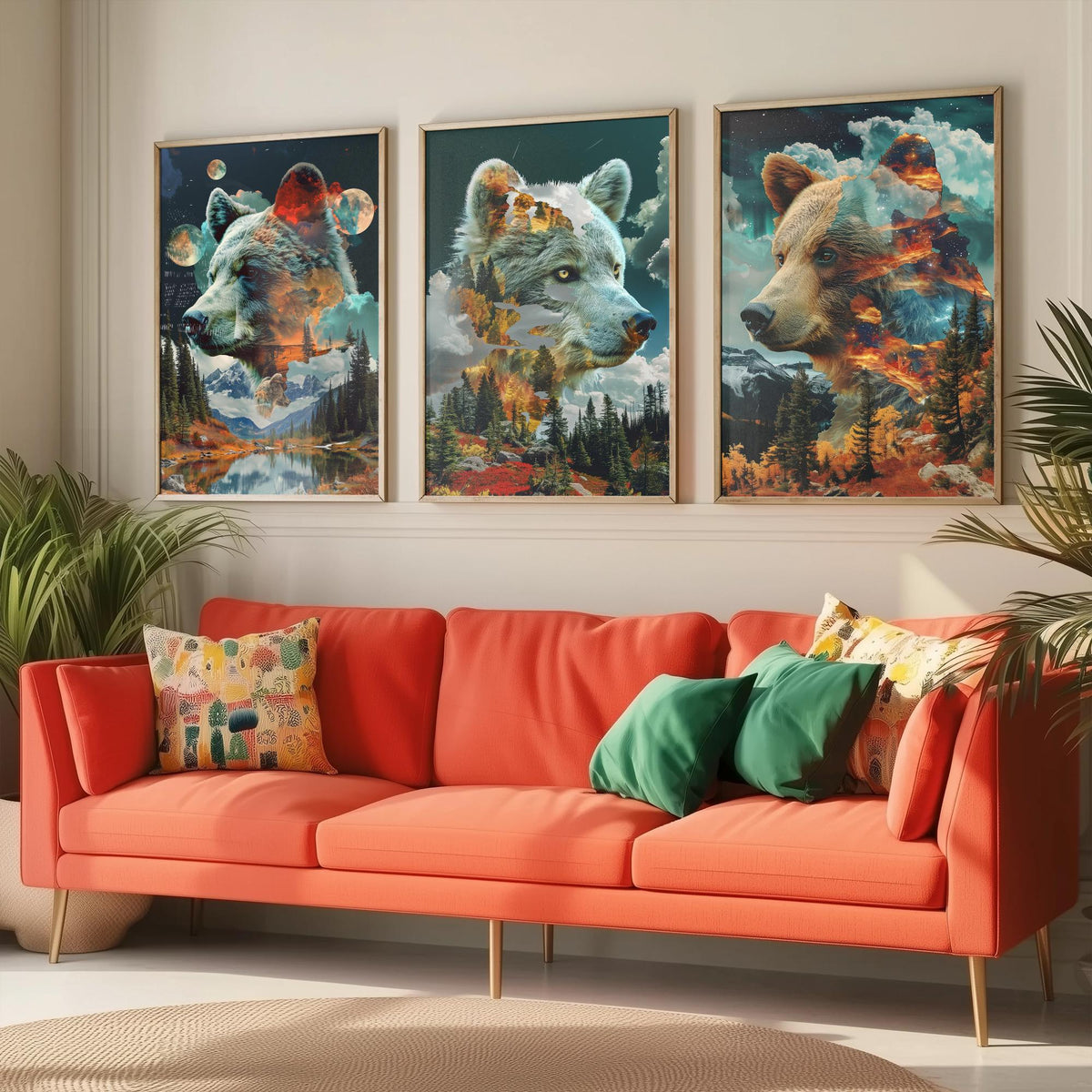 Bear Set of Three Art Prints - 3 Double Exposure Grizzly Posters - Forest Mountain Surreal Nature Wall Art Gift Painting