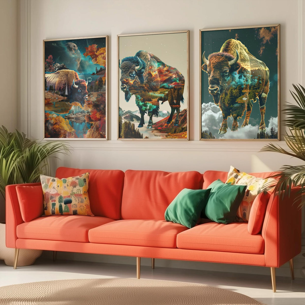 Bison Set of Three Art Prints - 3 Double Exposure Wildlife Posters - Autumn Mountain Surreal Nature Wall Art Gift Painting