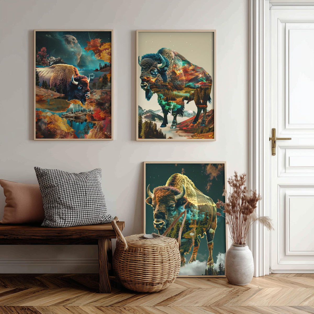Bison Set of Three Art Prints - 3 Double Exposure Wildlife Posters - Autumn Mountain Surreal Nature Wall Art Gift Painting