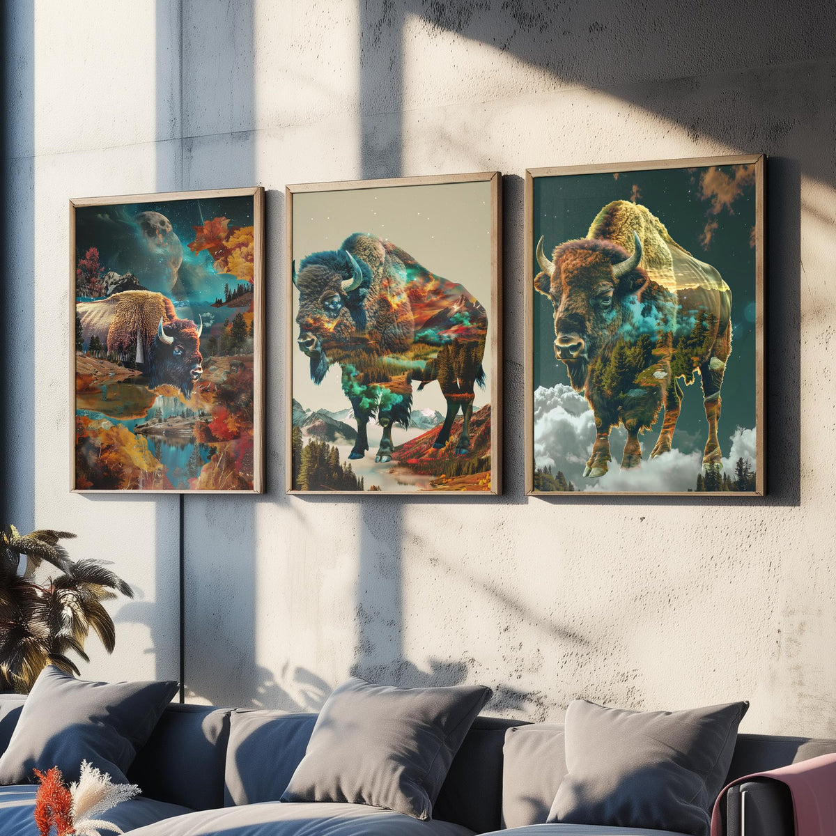 Bison Set of Three Art Prints - 3 Double Exposure Wildlife Posters - Autumn Mountain Surreal Nature Wall Art Gift Painting