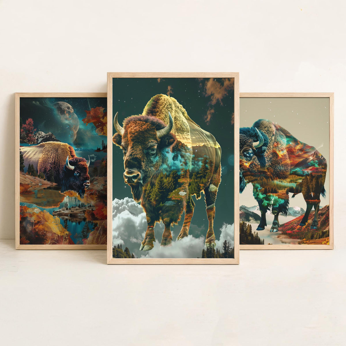 Bison Set of Three Art Prints - 3 Double Exposure Wildlife Posters - Autumn Mountain Surreal Nature Wall Art Gift Painting