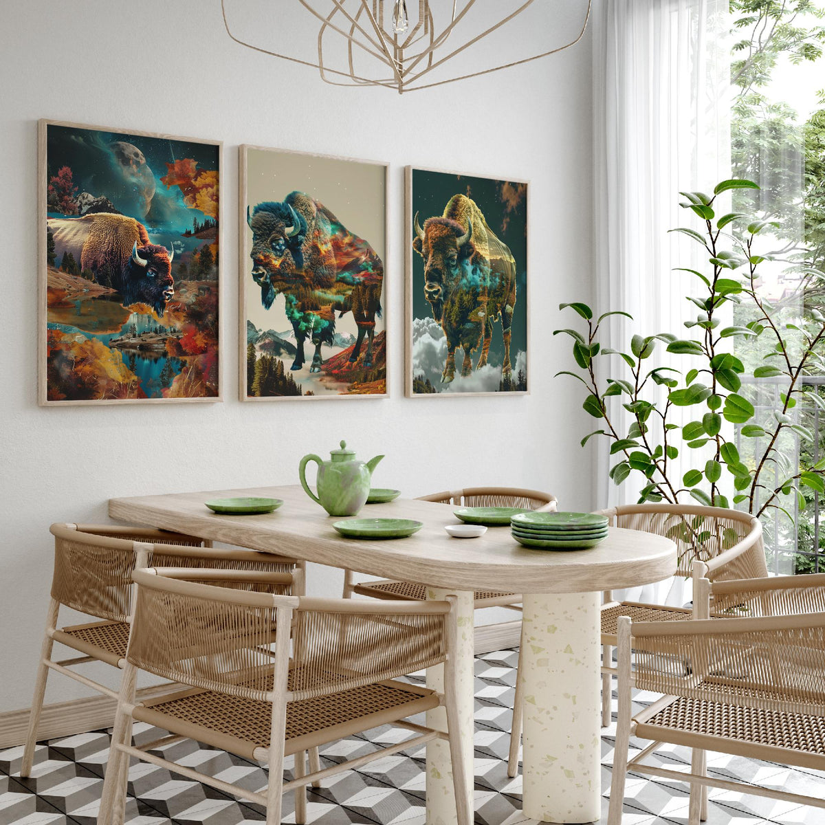 Bison Set of Three Art Prints - 3 Double Exposure Wildlife Posters - Autumn Mountain Surreal Nature Wall Art Gift Painting