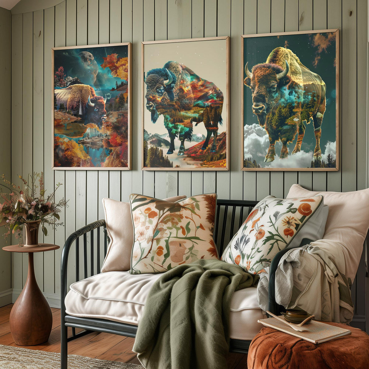 Bison Set of Three Art Prints - 3 Double Exposure Wildlife Posters - Autumn Mountain Surreal Nature Wall Art Gift Painting