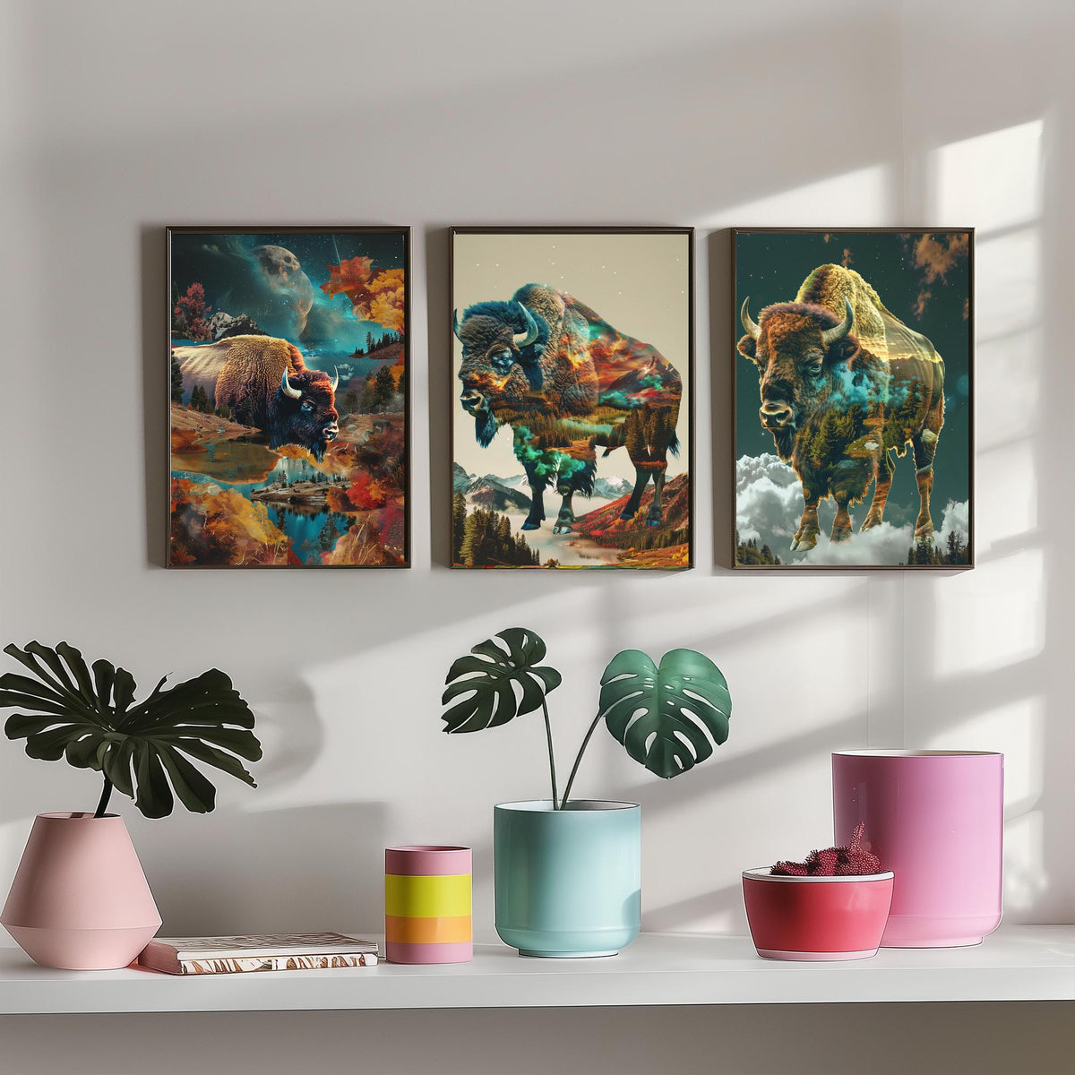 Bison Set of Three Art Prints - 3 Double Exposure Wildlife Posters - Autumn Mountain Surreal Nature Wall Art Gift Painting