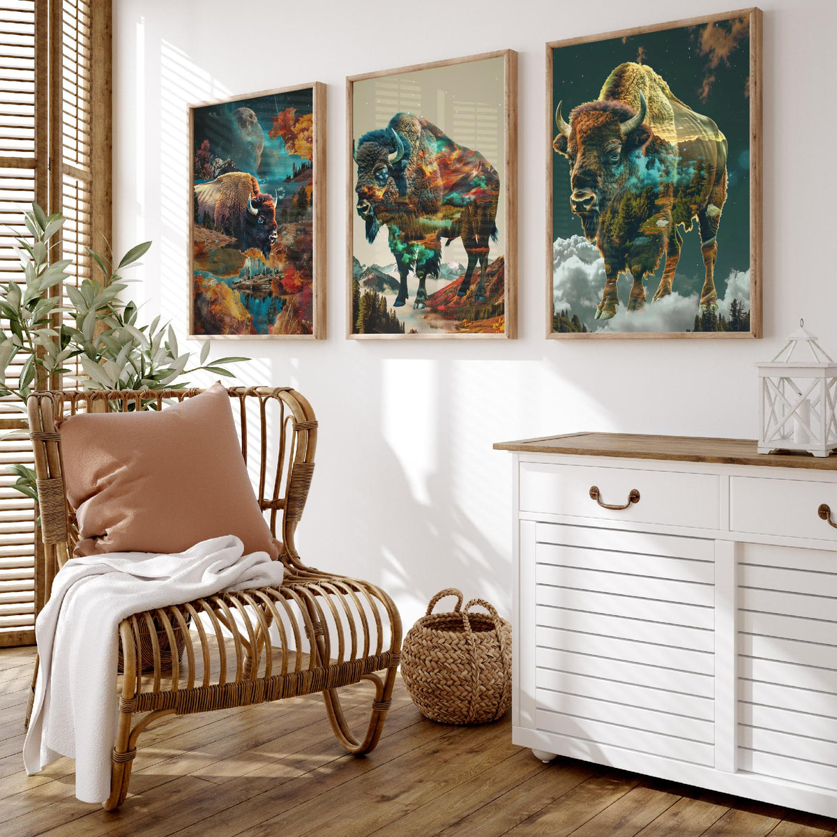 Bison Set of Three Art Prints - 3 Double Exposure Wildlife Posters - Autumn Mountain Surreal Nature Wall Art Gift Painting