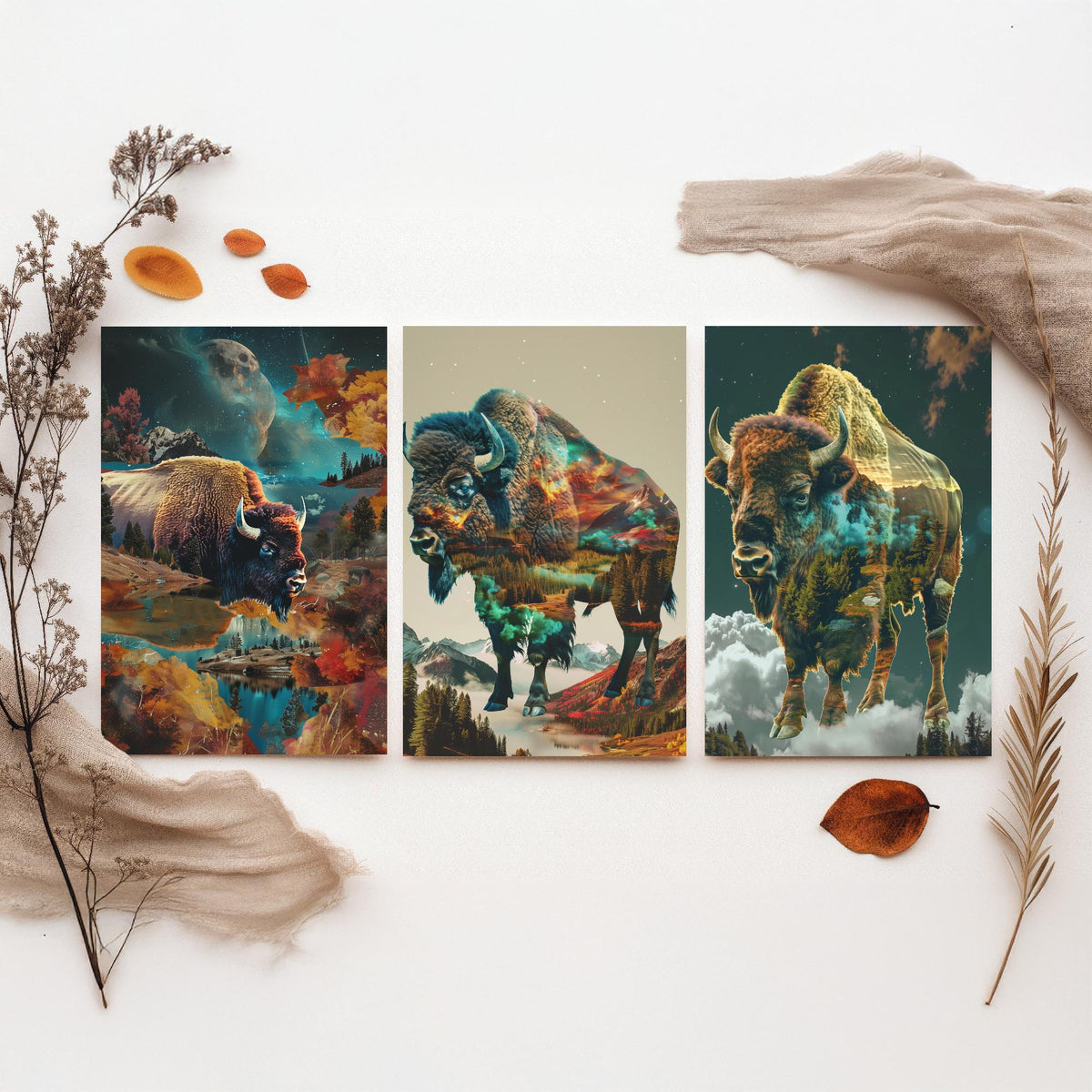 Bison Set of Three Art Prints - 3 Double Exposure Wildlife Posters - Autumn Mountain Surreal Nature Wall Art Gift Painting