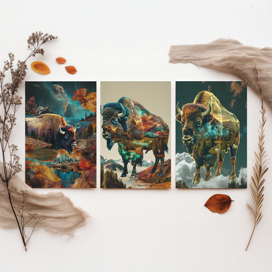 Bison Set of Three Art Prints - 3 Double Exposure Wildlife Posters - Autumn Mountain Surreal Nature Wall Art Gift Painting
