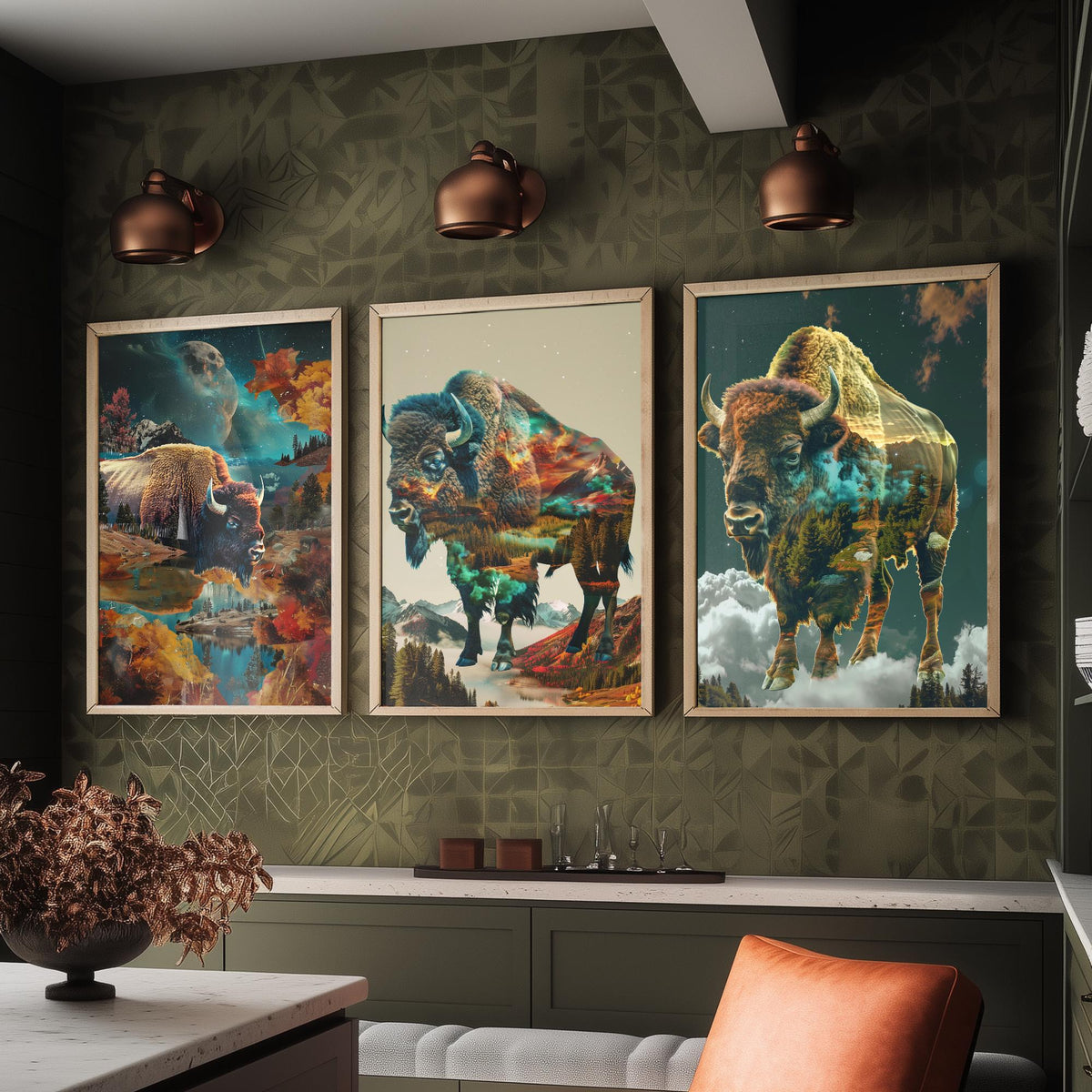 Bison Set of Three Art Prints - 3 Double Exposure Wildlife Posters - Autumn Mountain Surreal Nature Wall Art Gift Painting