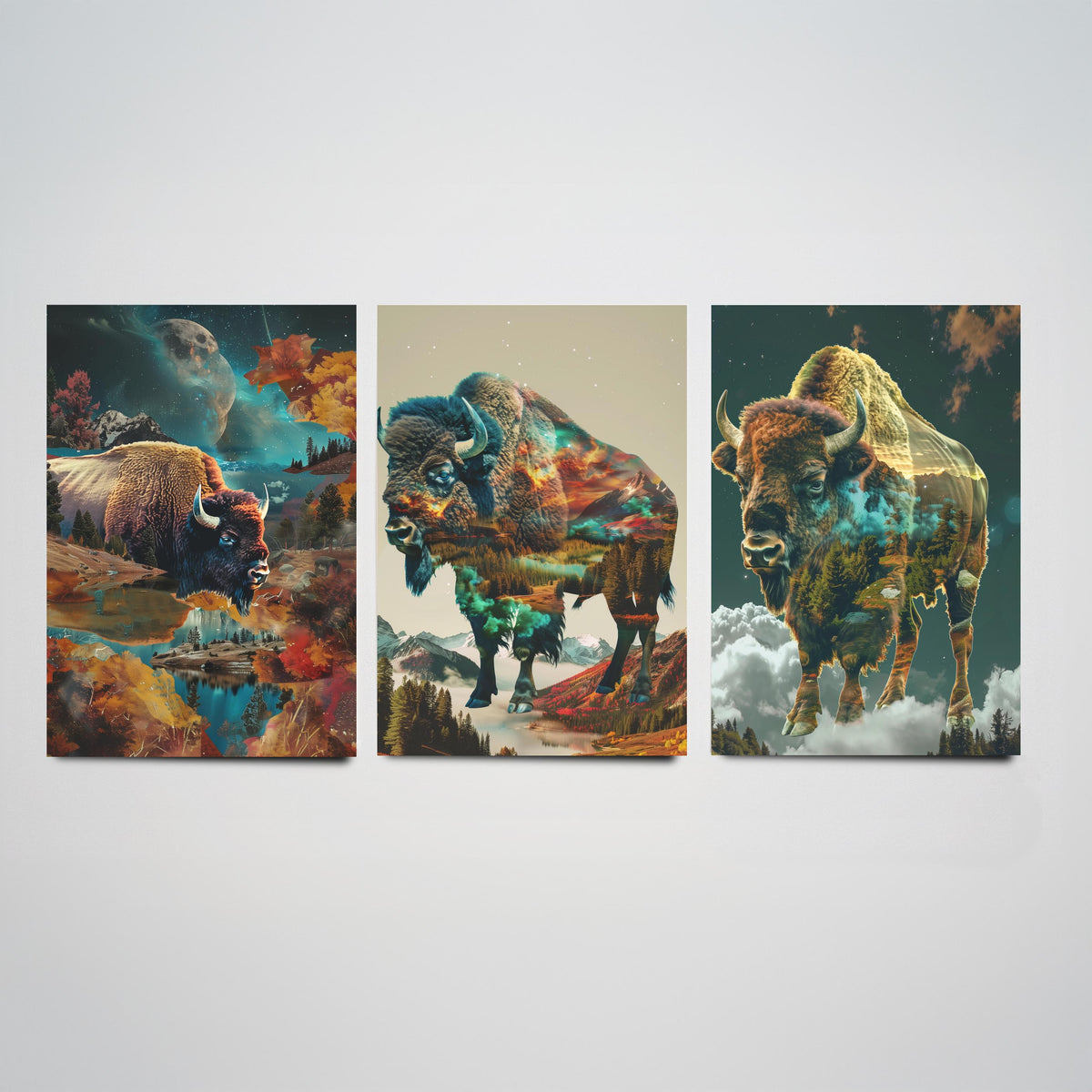 Bison Set of Three Art Prints - 3 Double Exposure Wildlife Posters - Autumn Mountain Surreal Nature Wall Art Gift Painting