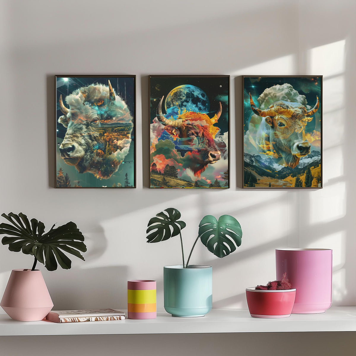 Buffalo Set of Three Art Prints - 3 Double Exposure Bull Posters - Surreal Sky Cloud Nature Wall Art Gift Illustration