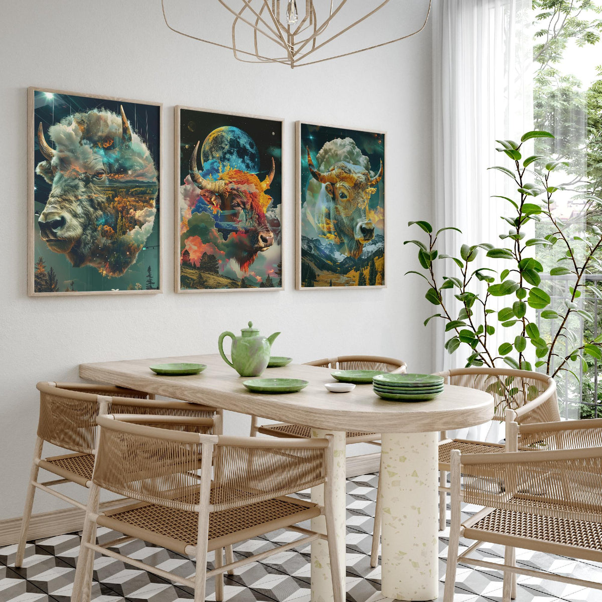 Buffalo Set of Three Art Prints - 3 Double Exposure Bull Posters - Surreal Sky Cloud Nature Wall Art Gift Illustration