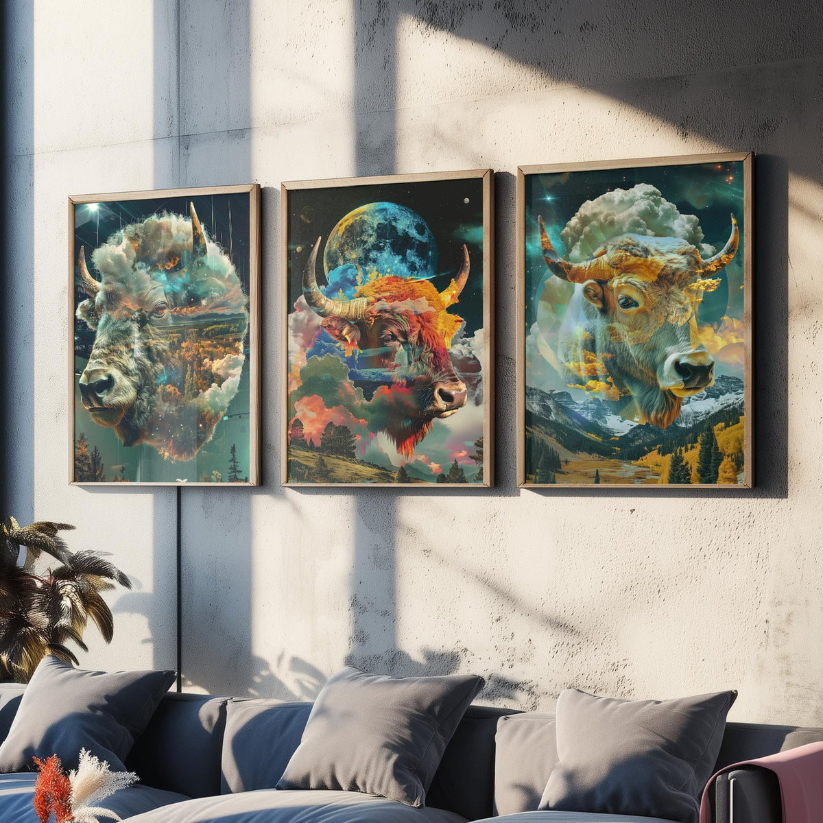 Buffalo Set of Three Art Prints - 3 Double Exposure Bull Posters - Surreal Sky Cloud Nature Wall Art Gift Illustration