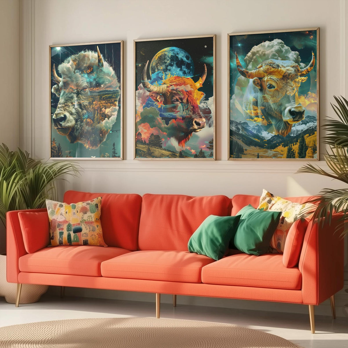 Buffalo Set of Three Art Prints - 3 Double Exposure Bull Posters - Surreal Sky Cloud Nature Wall Art Gift Illustration