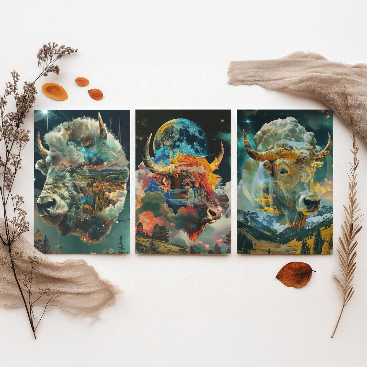 Buffalo Set of Three Art Prints - 3 Double Exposure Bull Posters - Surreal Sky Cloud Nature Wall Art Gift Illustration