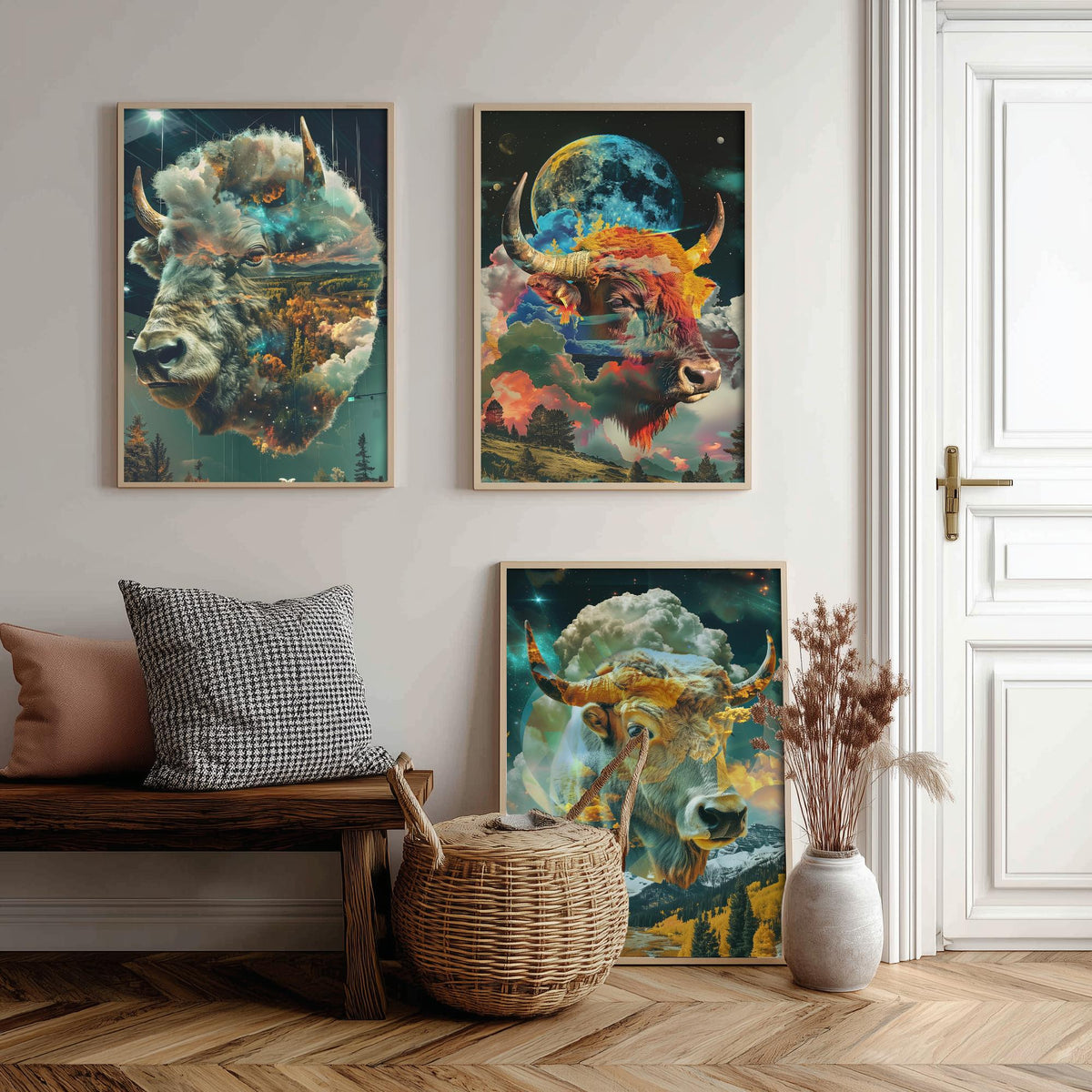 Buffalo Set of Three Art Prints - 3 Double Exposure Bull Posters - Surreal Sky Cloud Nature Wall Art Gift Illustration