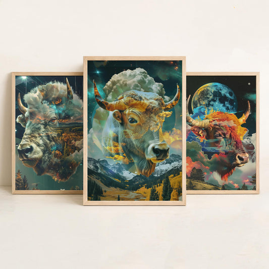 Buffalo Set of Three Art Prints - 3 Double Exposure Bull Posters - Surreal Sky Cloud Nature Wall Art Gift Illustration