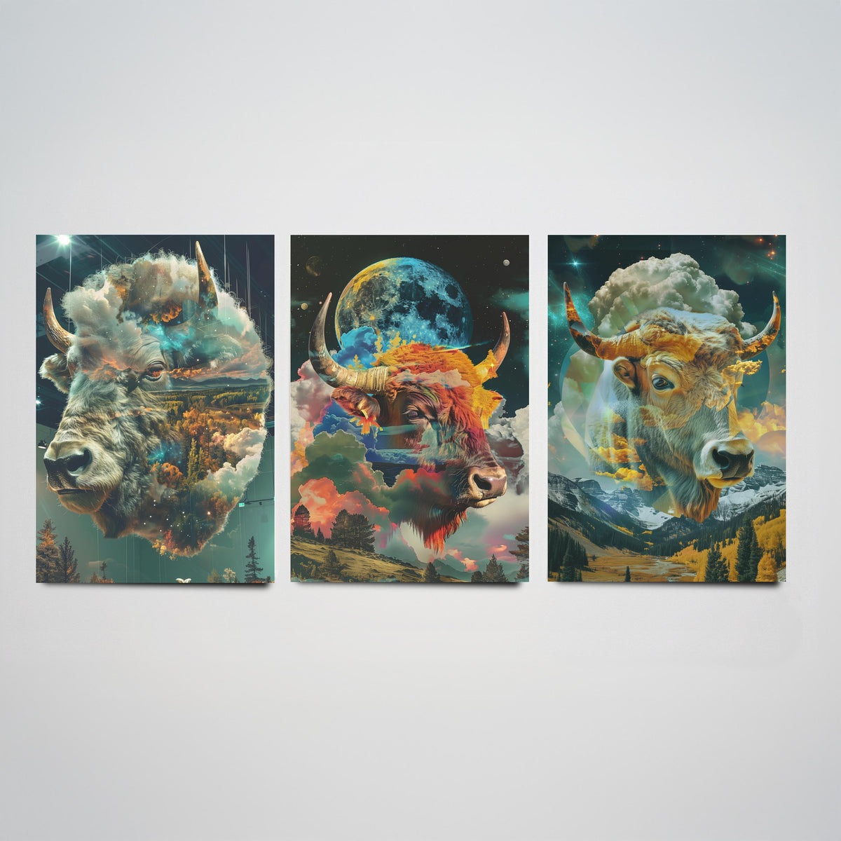 Buffalo Set of Three Art Prints - 3 Double Exposure Bull Posters - Surreal Sky Cloud Nature Wall Art Gift Illustration