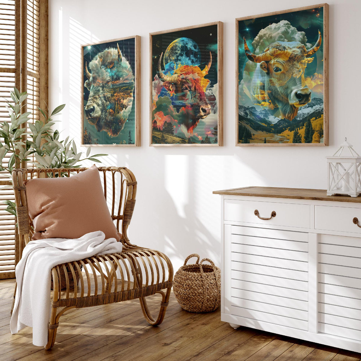 Buffalo Set of Three Art Prints - 3 Double Exposure Bull Posters - Surreal Sky Cloud Nature Wall Art Gift Illustration