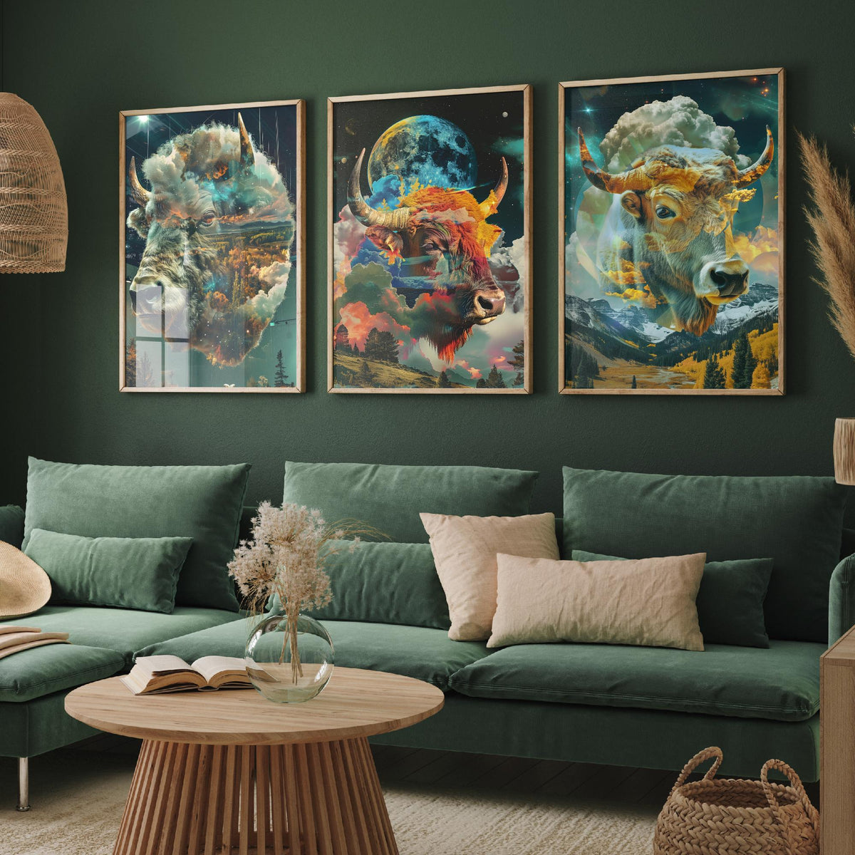 Buffalo Set of Three Art Prints - 3 Double Exposure Bull Posters - Surreal Sky Cloud Nature Wall Art Gift Illustration