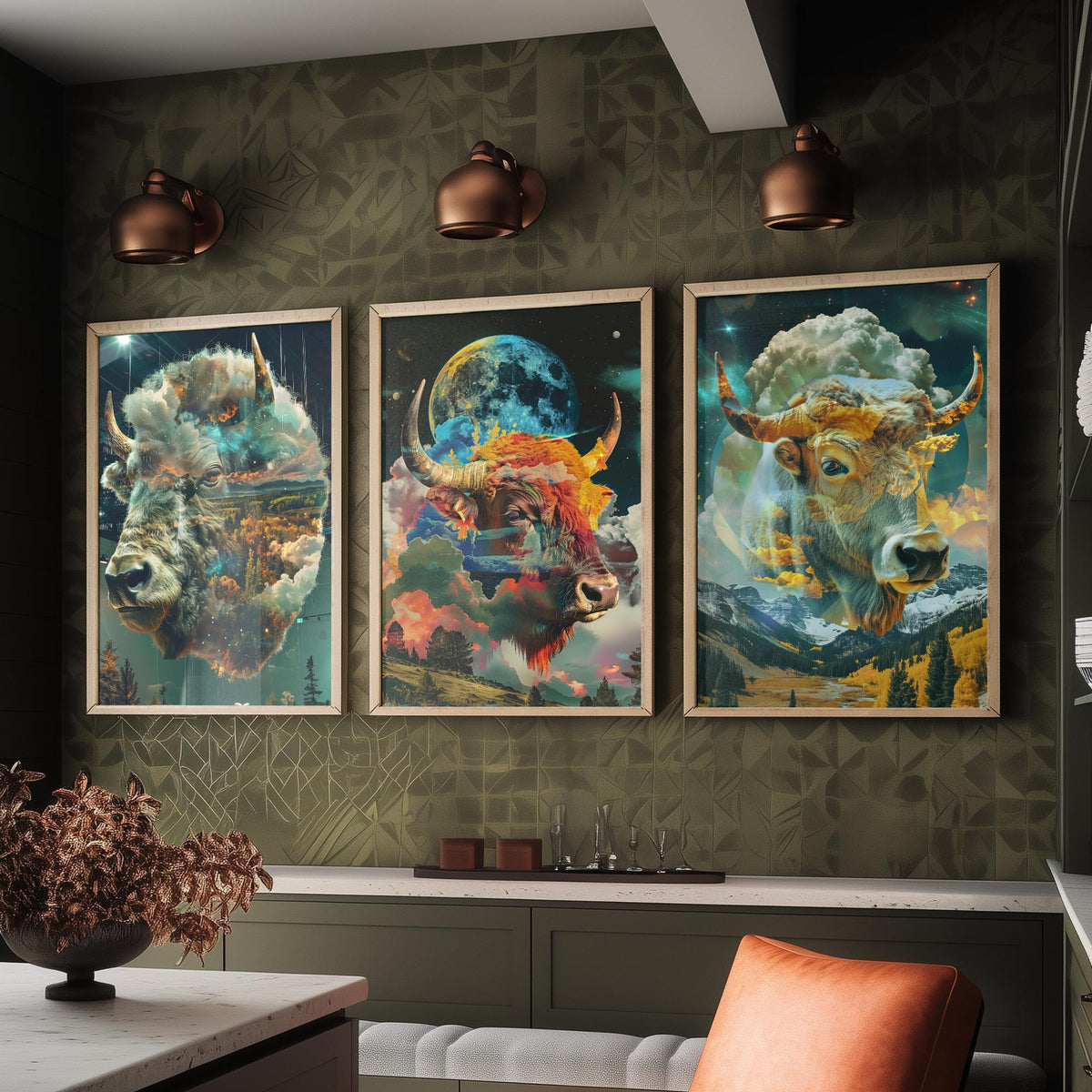 Buffalo Set of Three Art Prints - 3 Double Exposure Bull Posters - Surreal Sky Cloud Nature Wall Art Gift Illustration