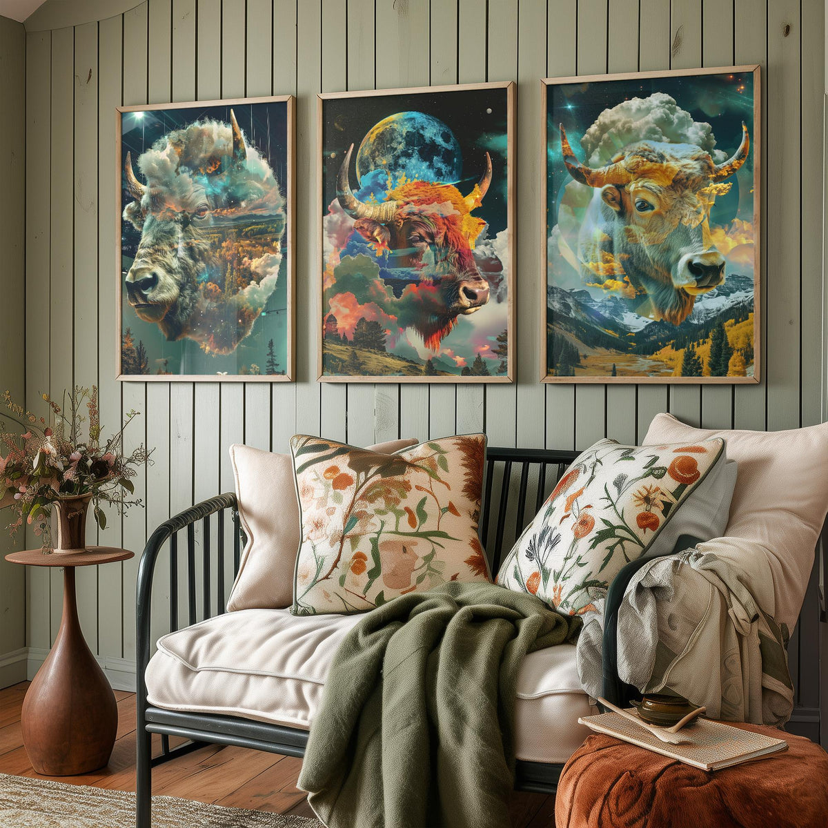 Buffalo Set of Three Art Prints - 3 Double Exposure Bull Posters - Surreal Sky Cloud Nature Wall Art Gift Illustration