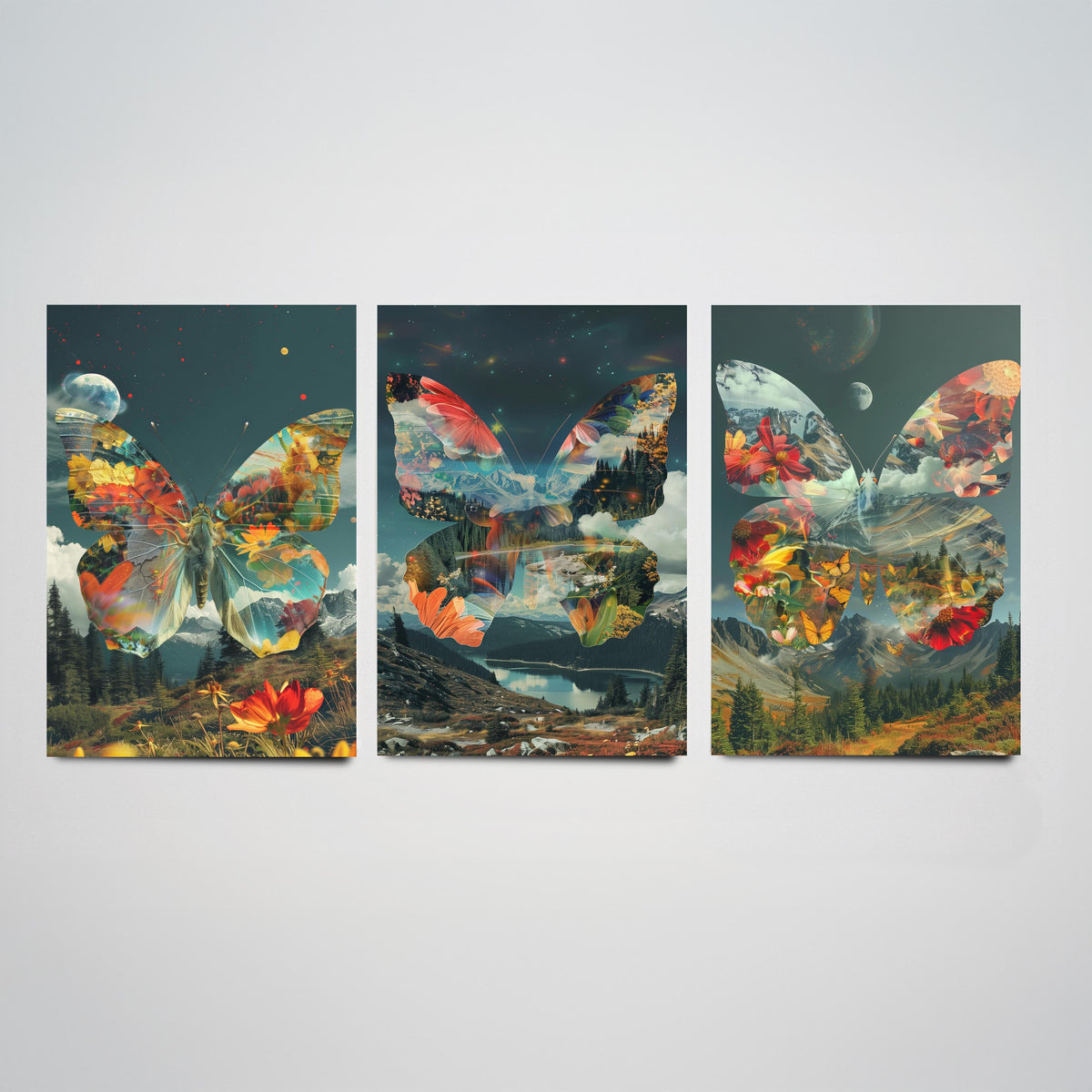 Butterfly Set of Three Art Prints - 3 Double Exposure Floral Posters - Surreal Meadow Nature Wall Art Gift Painting Cosmic