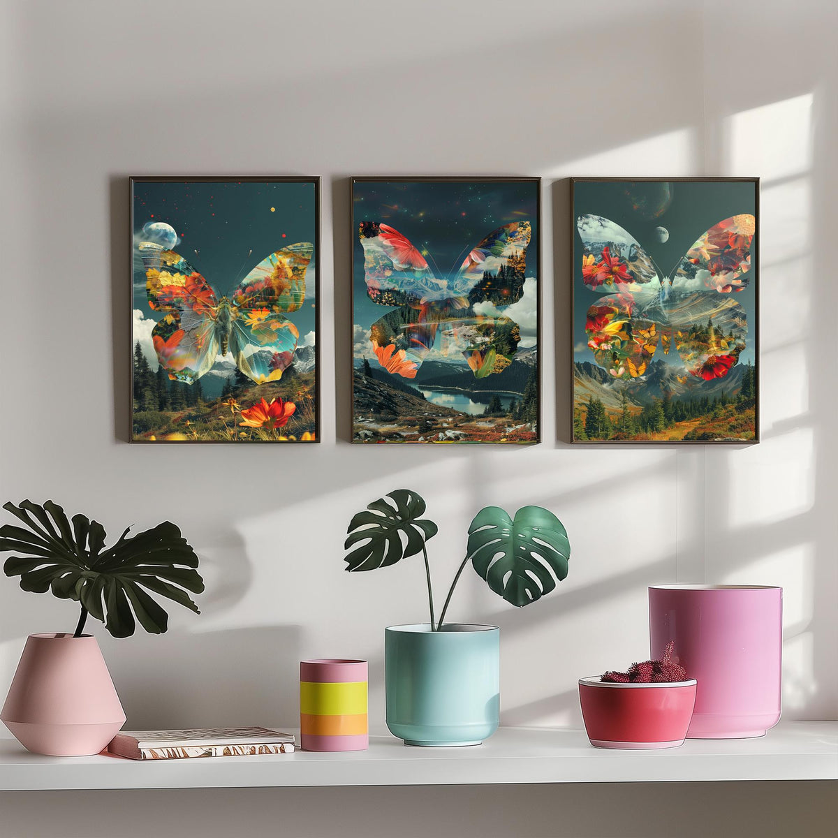Butterfly Set of Three Art Prints - 3 Double Exposure Floral Posters - Surreal Meadow Nature Wall Art Gift Painting Cosmic