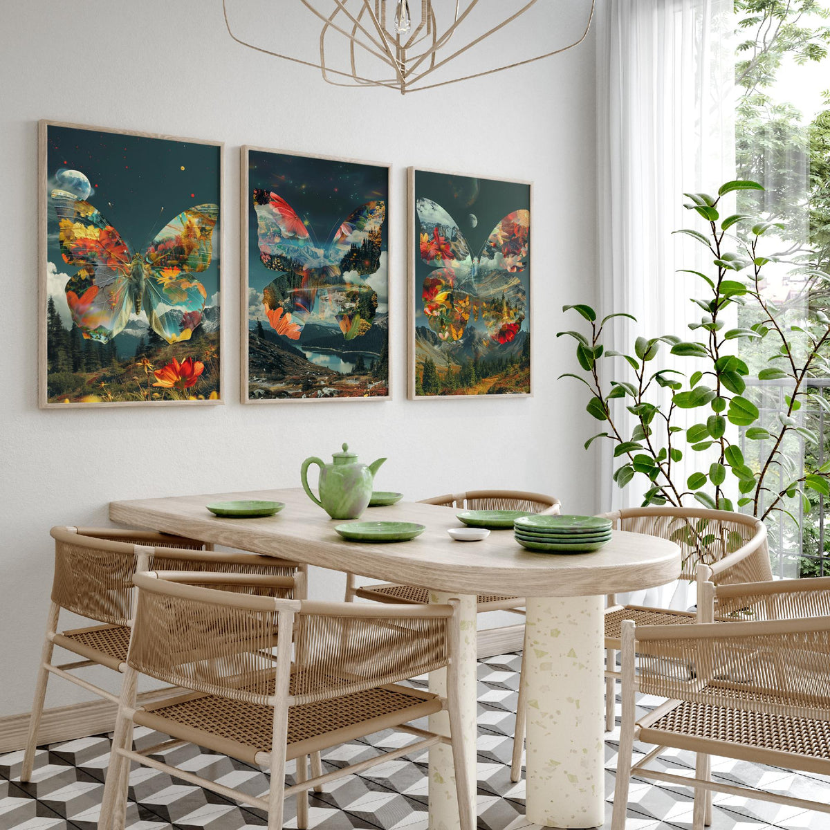 Butterfly Set of Three Art Prints - 3 Double Exposure Floral Posters - Surreal Meadow Nature Wall Art Gift Painting Cosmic