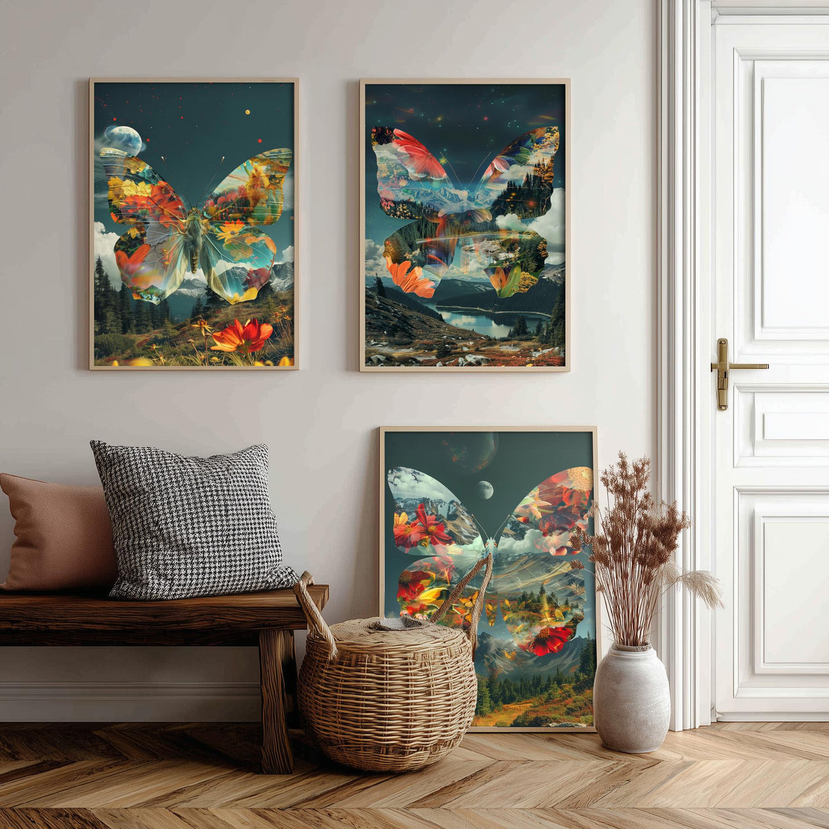 Butterfly Set of Three Art Prints - 3 Double Exposure Floral Posters - Surreal Meadow Nature Wall Art Gift Painting Cosmic